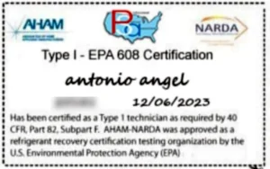 Appliance Repair 82 EPA Section 608 Type I certification card for Antonio Angel, issued by AHAM-NARDA