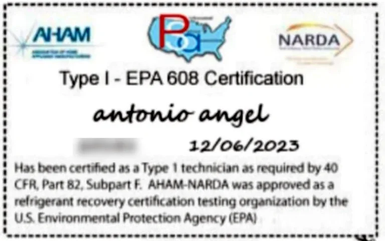 Appliance Repair 82 EPA Section 608 Type I certification card for Antonio Angel, issued by AHAM-NARDA