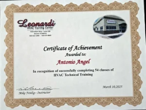Appliance Repair 85 Certificate: Antonio Angel, 54-class HVAC Technical Training, Leonardi HVAC Training Center, Denver