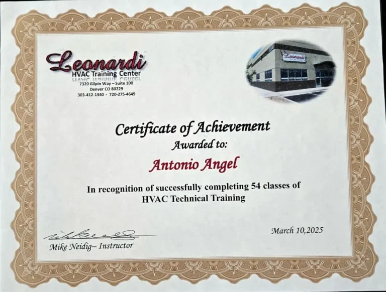 Appliance Repair 85 Certificate: Antonio Angel, 54-class HVAC Technical Training, Leonardi HVAC Training Center, Denver