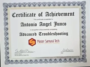Appliance Repair 84 Certificate: Antonio Angel Junco, Advanced Troubleshooting, Master Samurai Tech