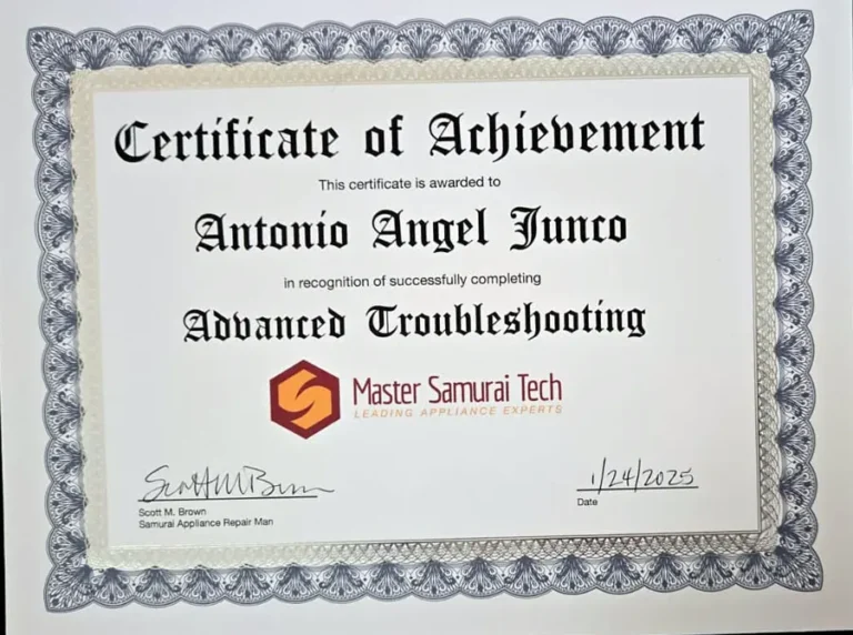 Appliance Repair 84 Certificate: Antonio Angel Junco, Advanced Troubleshooting, Master Samurai Tech