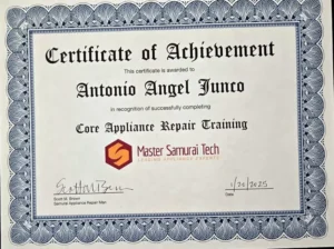 Appliance Repair 83 Certificate: Antonio Angel Junco, Core Appliance Repair Training, Master Samurai Tech
