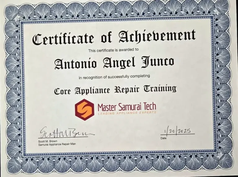 Appliance Repair 83 Certificate: Antonio Angel Junco, Core Appliance Repair Training, Master Samurai Tech